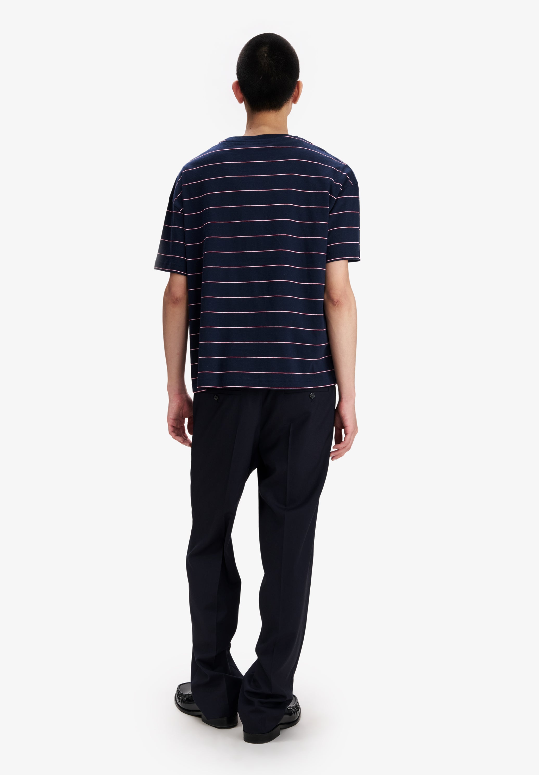 Loose navy blue t-shirt with pink stripes - 2