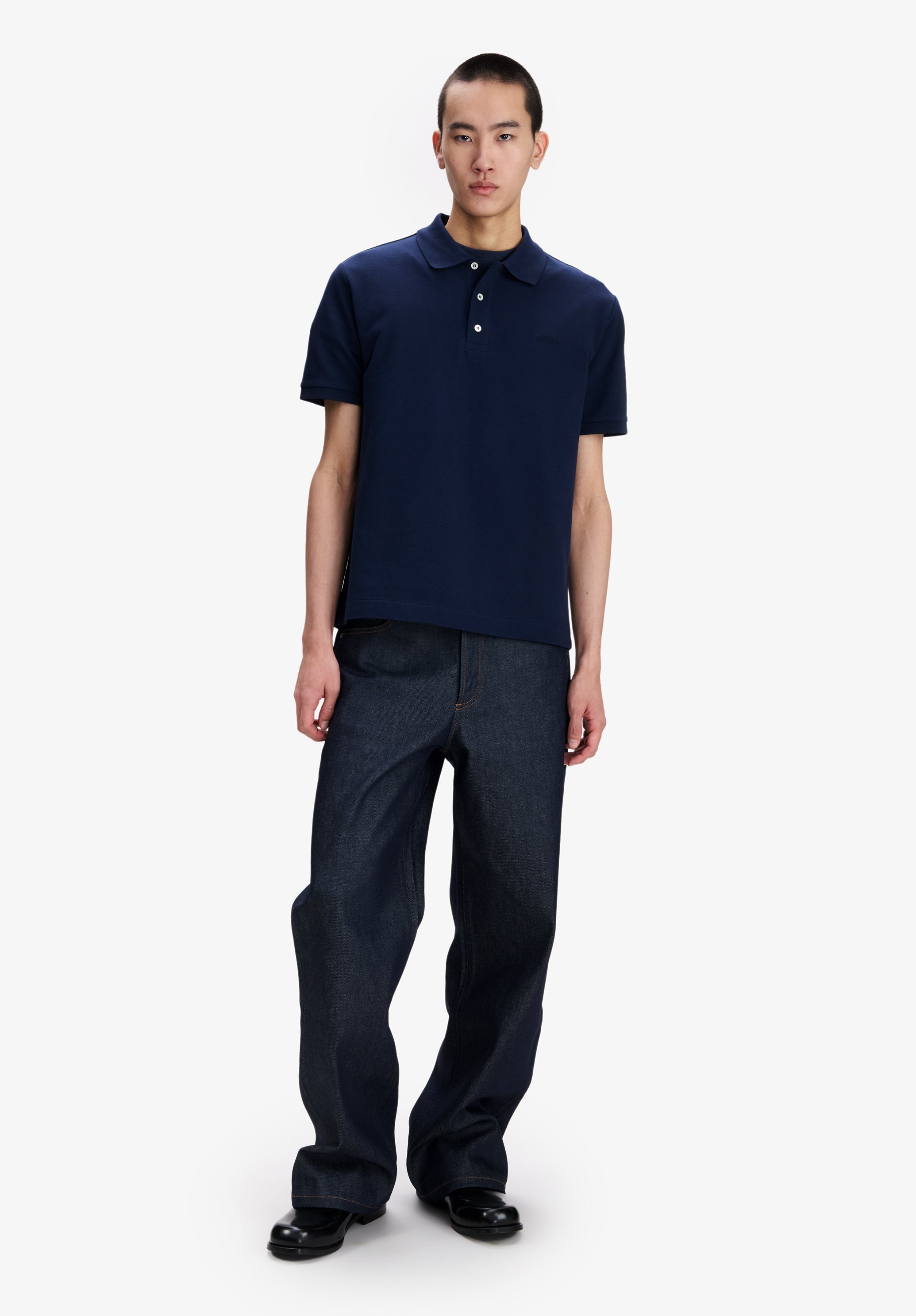 Navy blue cotton piqué polo - 1