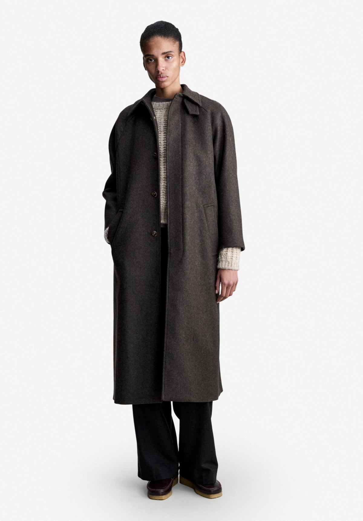 Loose-fit heather brown mac in recycled wool - 1