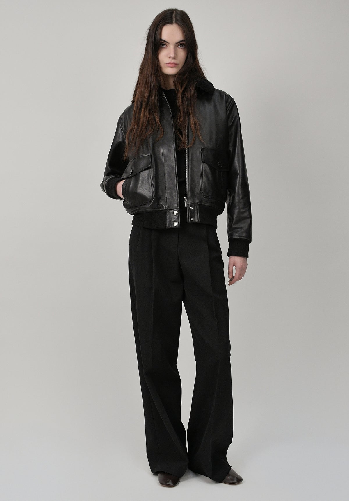Black leather bomber jacket