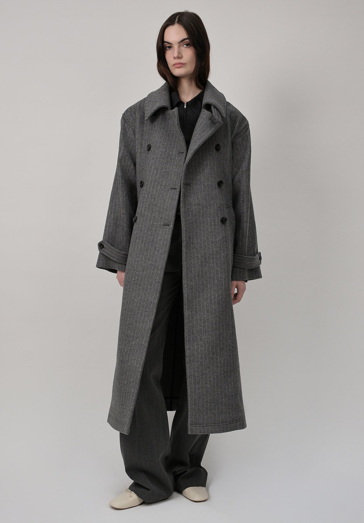 Oversized grey coat in recycled Italian wool