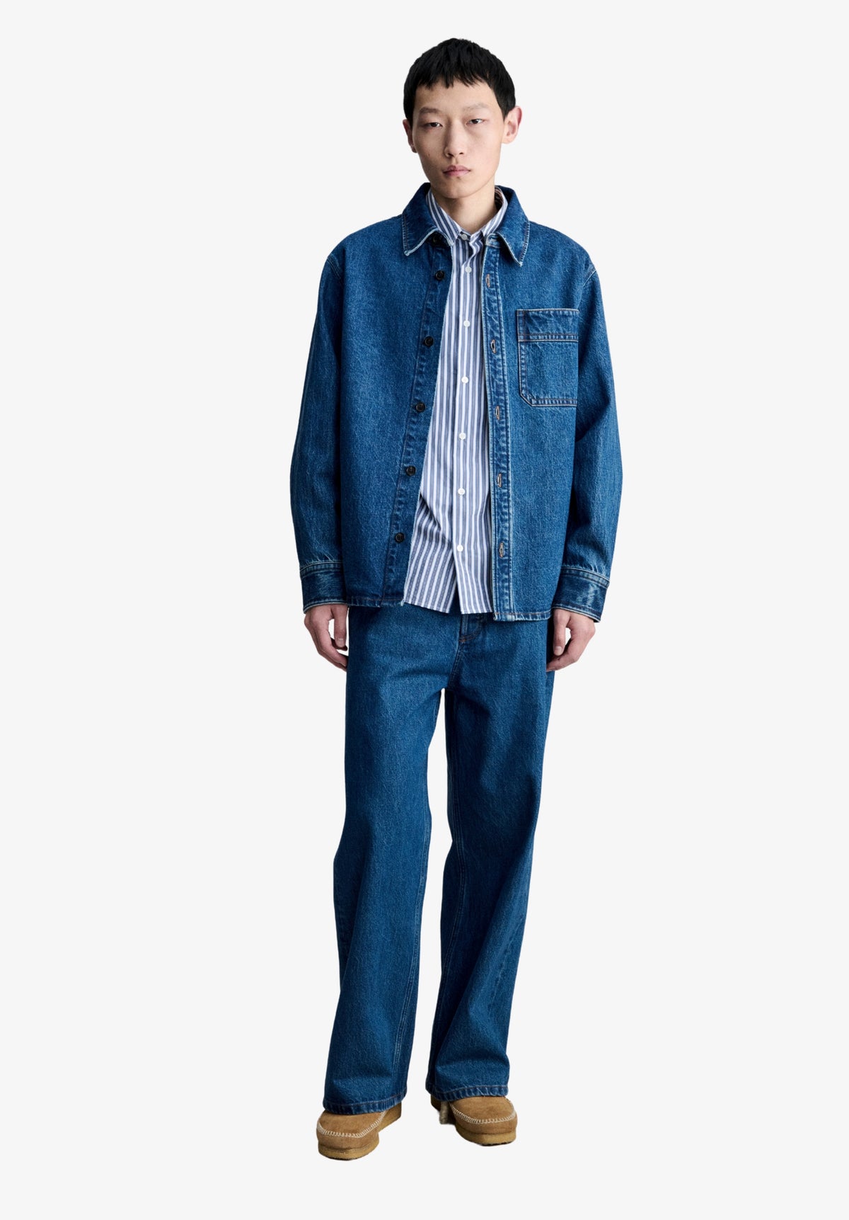 Loose-fit overshirt in faded indigo denim - 1