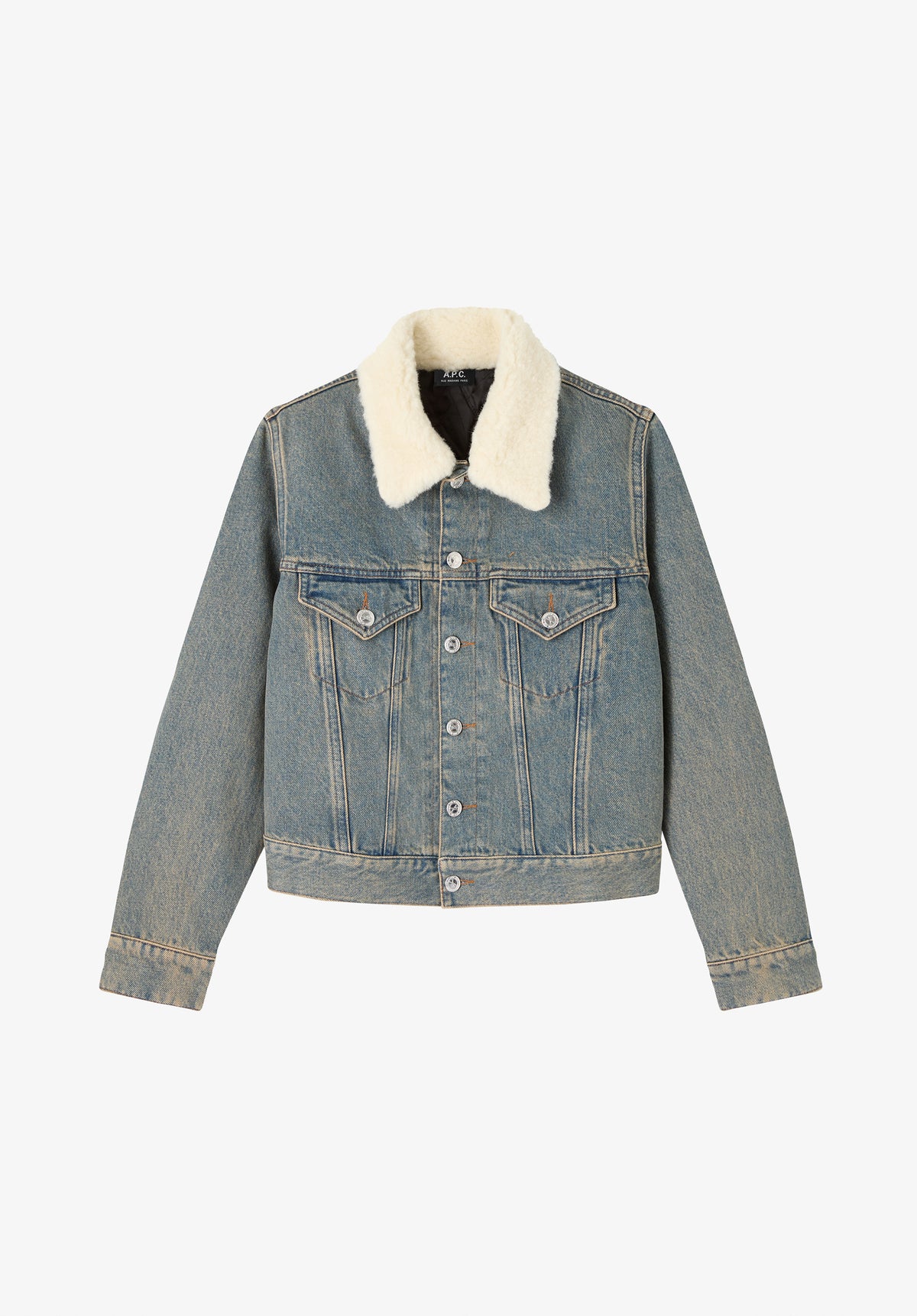 Faded indigo denim jacket with faux shearling collar