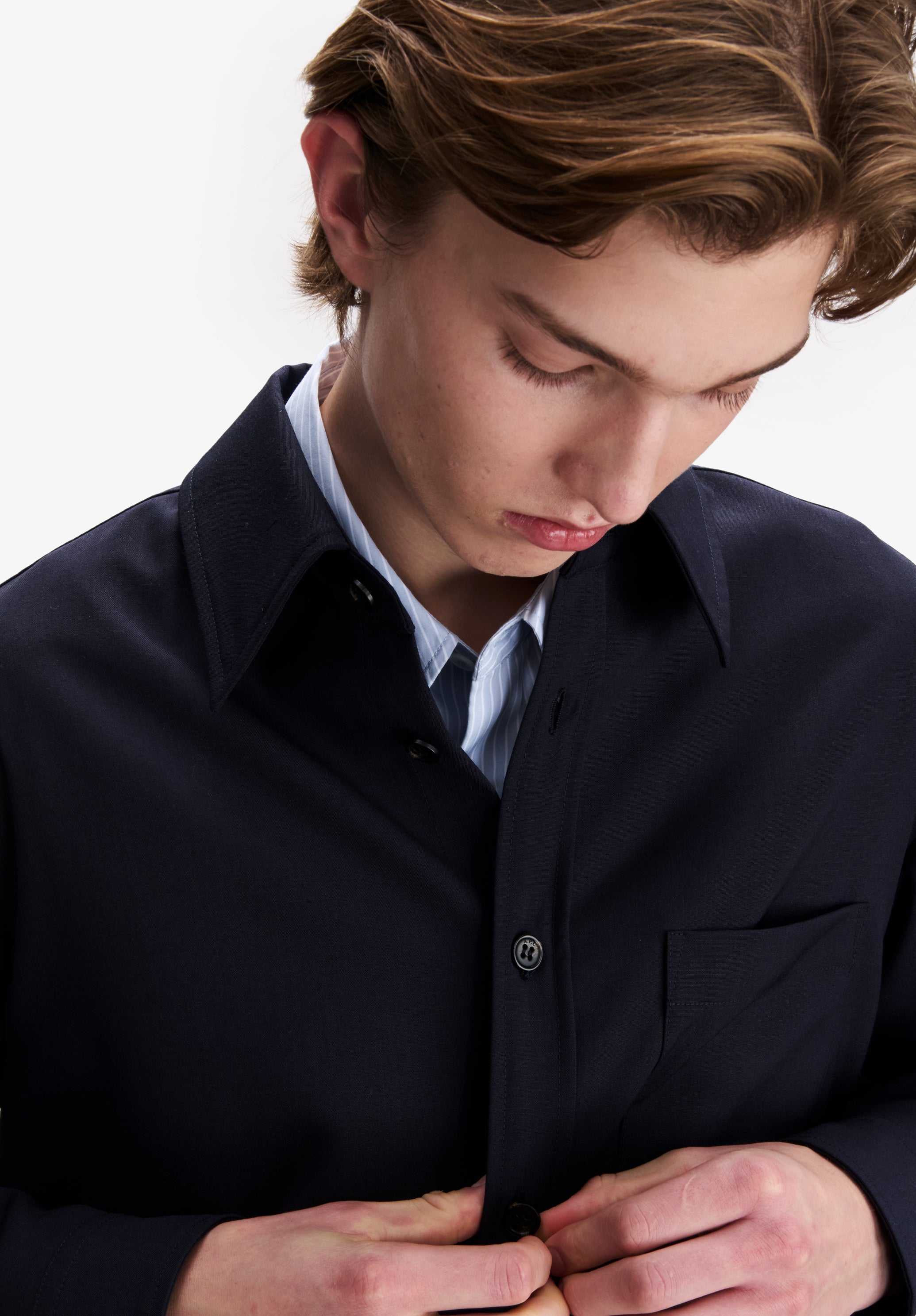 Navy blue lightweight wool overshirt. - 4