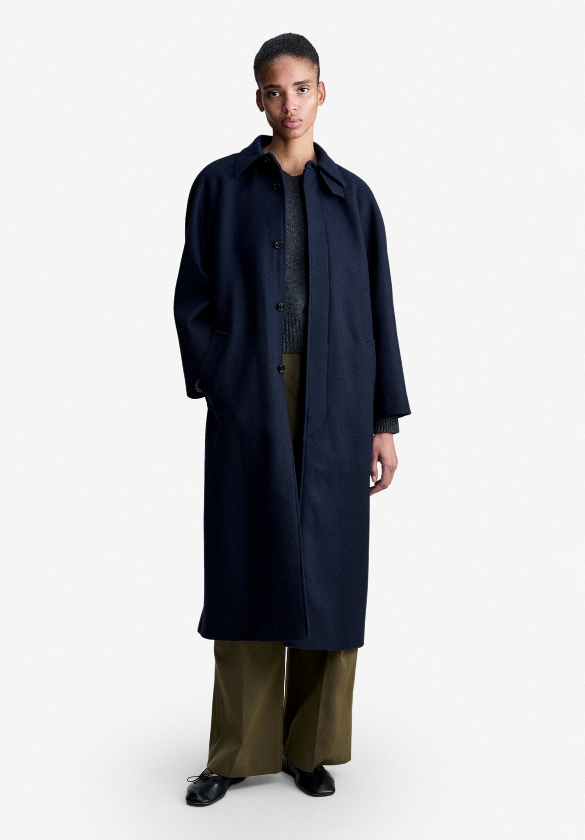 Loose-fit heather navy blue mac in recycled wool - 1