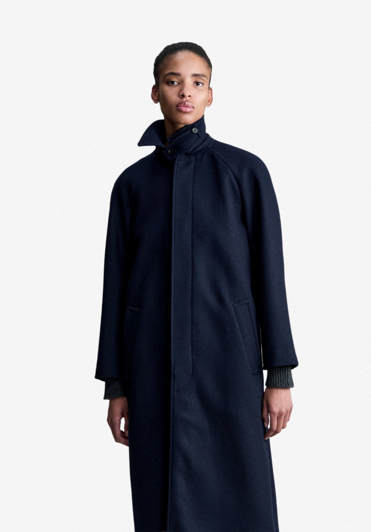 Loose-fit heather navy blue mac in recycled wool - 3