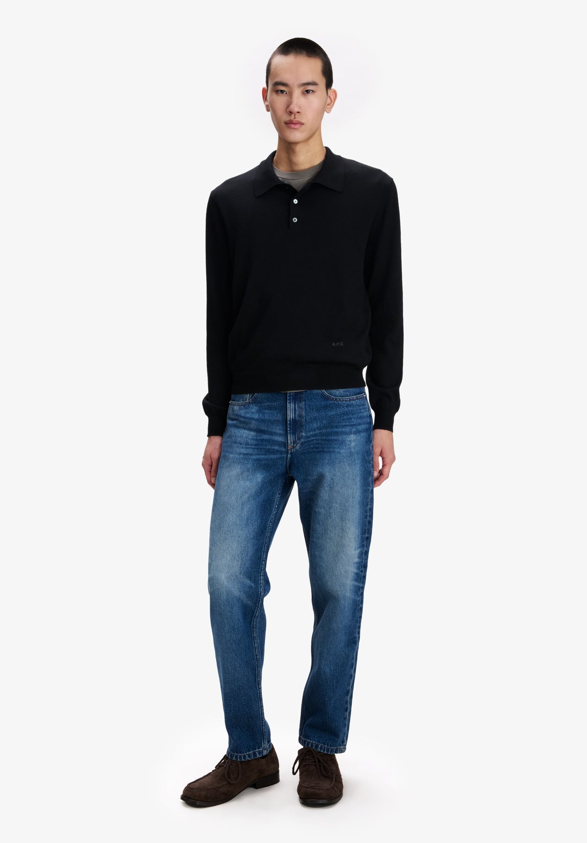 Long-sleeved wool polo shirt - 1